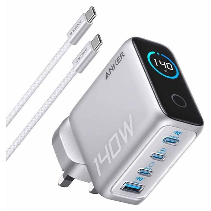 شاحن أنكر متعدد المنافذ 140 واط – محول طاقة بـ 4 منافذ مع تقنية PD 3.1 وكيبل USB-C | فضي شاحن أنكر متعدد المنافذ 140 واط – محول طاقة بـ 4 منافذ مع تقنية PD 3.1 وكيبل USB-C | فضي